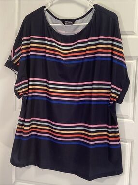 BloomChic Black Short-Sleeve Top with Pink, Orange, Blue.